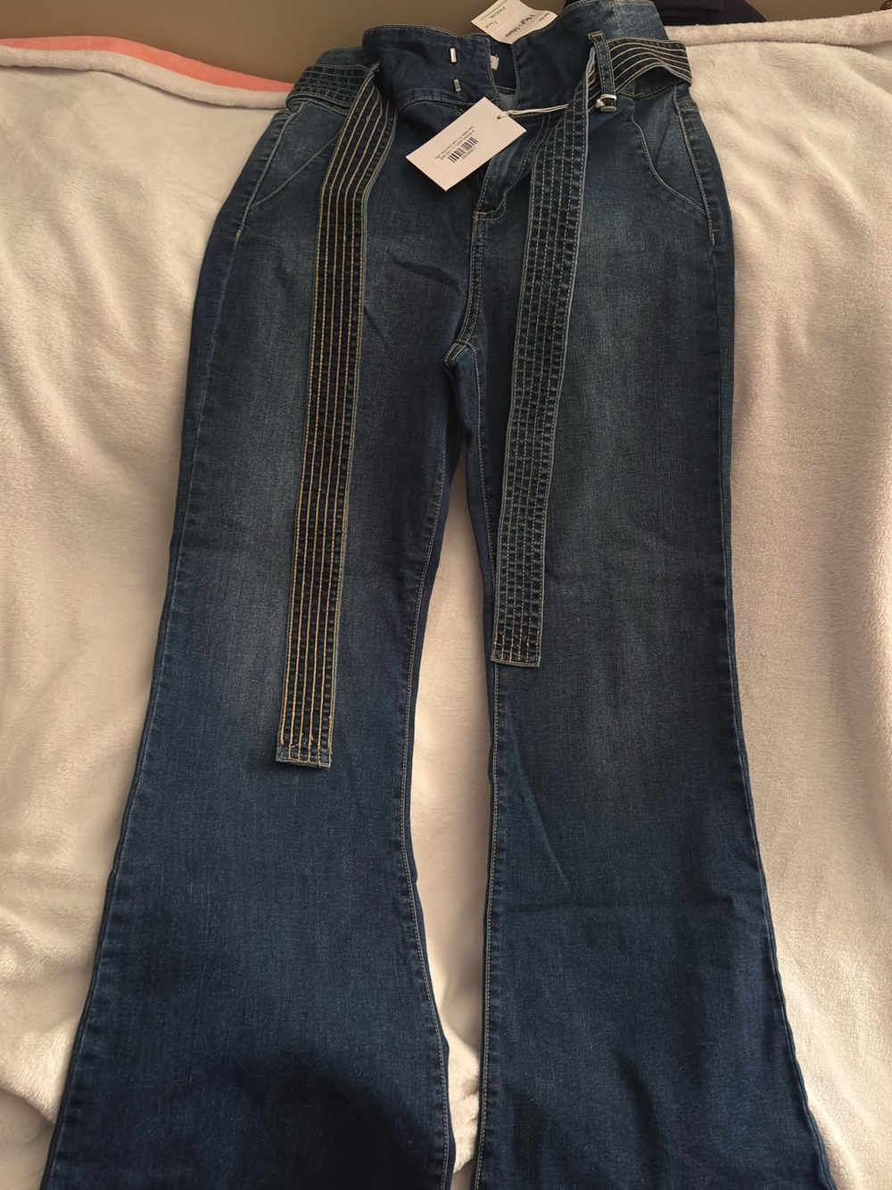 Sneak Peek Dark Blue High-Rise Flare Jeans with Stitched Belt